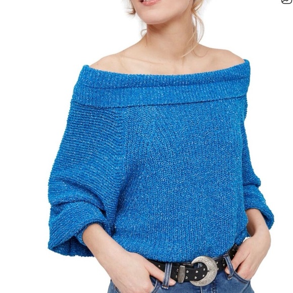 Free People Edessa Pullover Blue Off Shoulder Knit Sweater Balloon Sleeve Size S - Picture 10 of 12